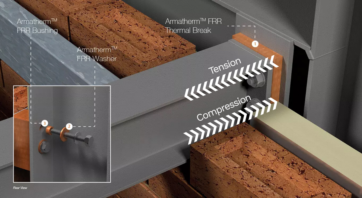 Steel canopy balcony image illustrating thermal bridging solutions highlighting tension and compression factors.