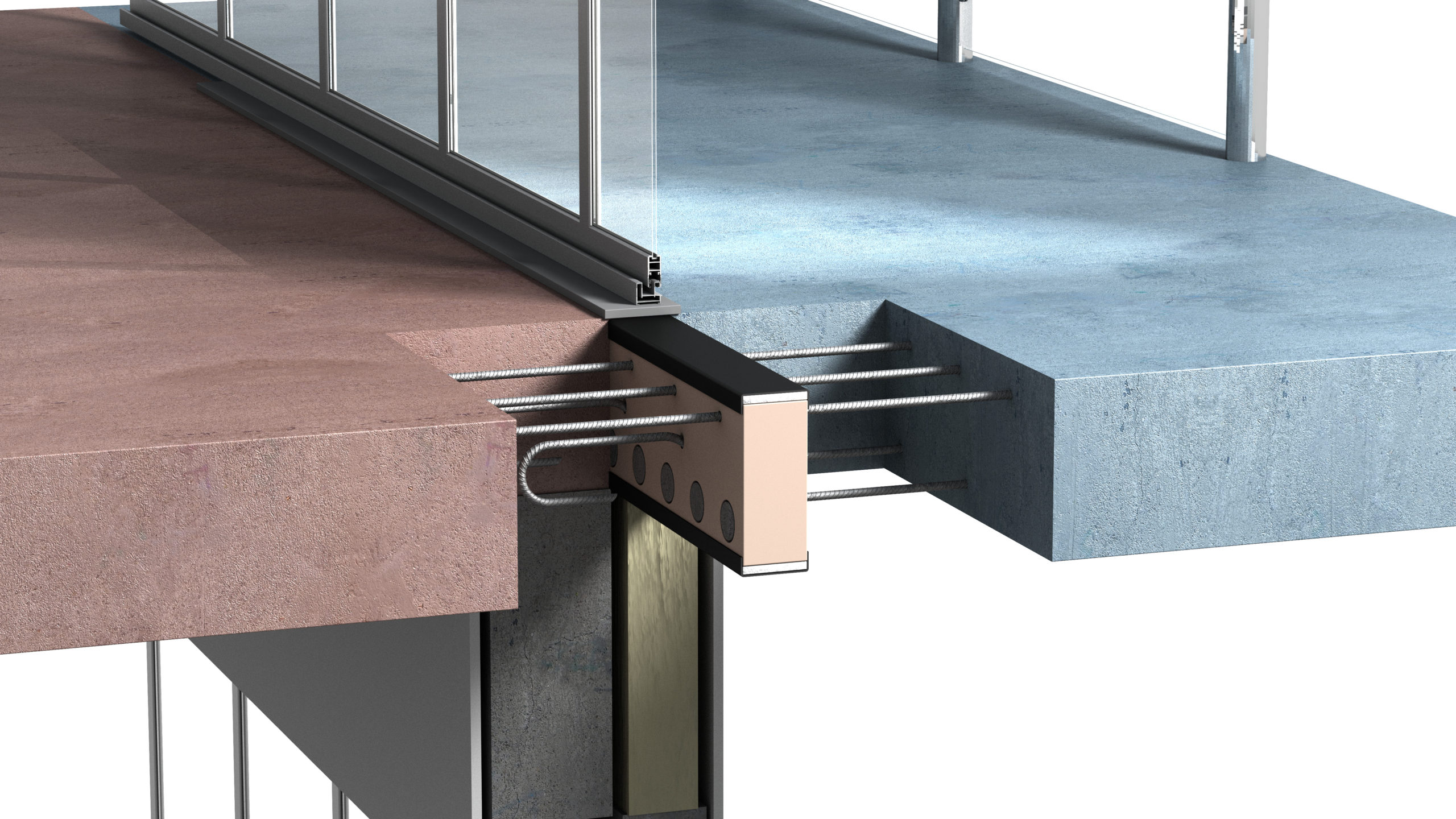 3D construction detail of a cast-in-situ thermal break installed between internal slab and cantilevered balcony, with visible steel reinforcement.