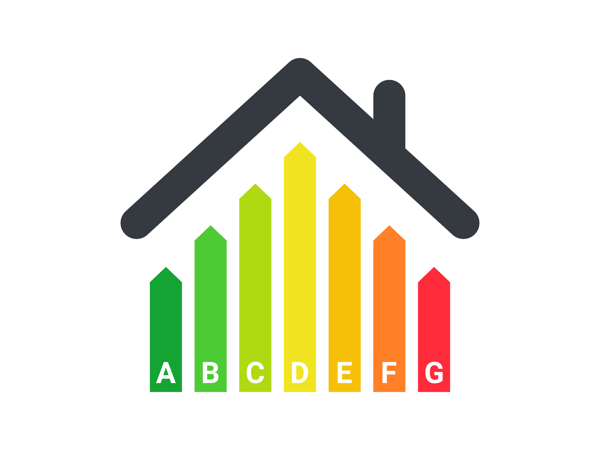 Energy efficiency rating illustration with house roof silhouette above coloured bars labelled A to G.