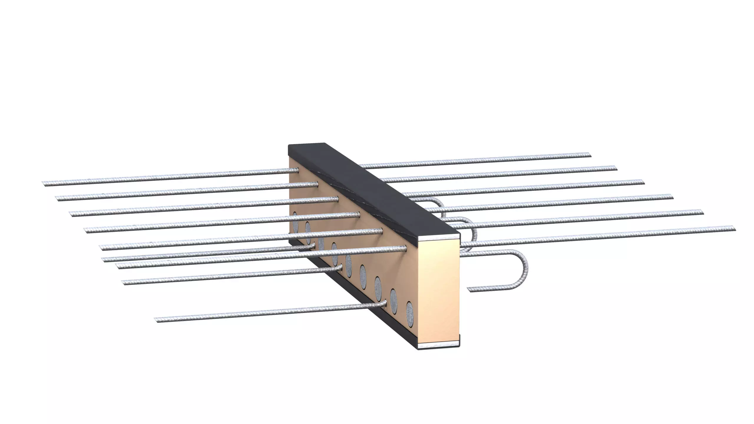 Perspective view of a cast-in-situ thermal break element with embedded steel rebar extending from both sides for concrete connection.