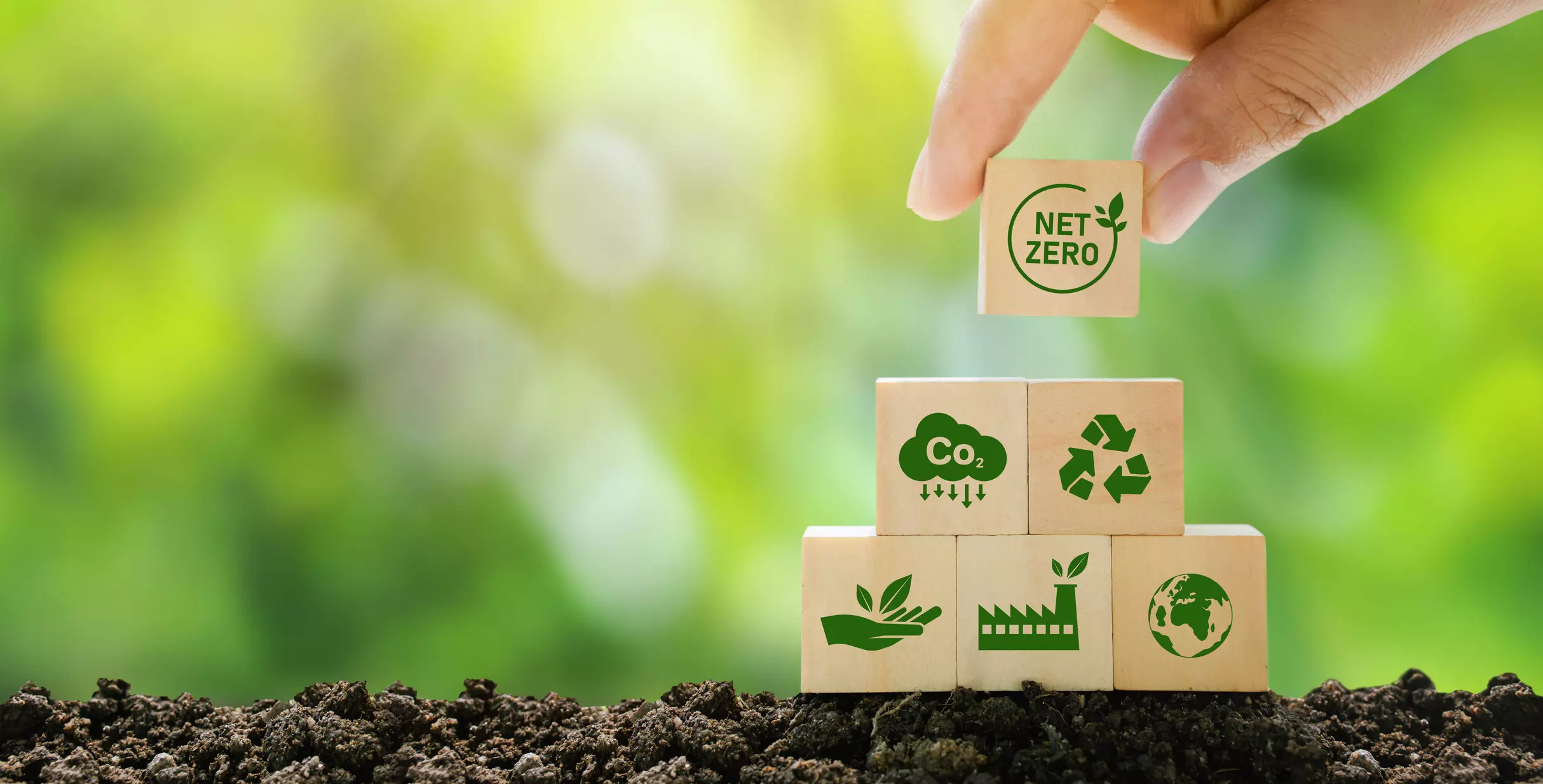 Wooden blocks with sustainability icons, including net zero and CO2, arranged on soil.